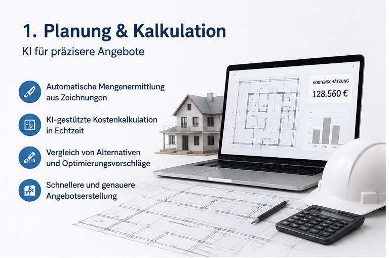 KI für Handwerk & Bau Angebote & Kalkulation KI erstellt Angebote schneller Material- & Preisvorschläge Weniger Aufwand, mehr Treffer Bauplanung & Projektmanagement KI unterstützt bei Planung & Terminierung Risiken frühzeitig erkennen Projekte effizient steuern Baustellen-Dokumentation Fotos per App erfassen KI erkennt Fortschritt & Mängel Berichte automatisch erstellen Maschinen & Geräte Wartungsbedarf vorhersagen Ausfälle vermeiden Laufzeiten verlängern Einkauf & Materialmanagement Bedarf prognostizieren Bestände optimieren Lieferengpässe vermeiden Qualität & Sicherheit KI erkennt Gefahrenquellen Mängel frühzeitig identifizieren Mehr Sicherheit auf der Baustelle Kundenkommunikation Anfragen automatisch beantworten Termine koordinieren Kunden besser informieren Vorteile auf einen Blick Zeit sparen