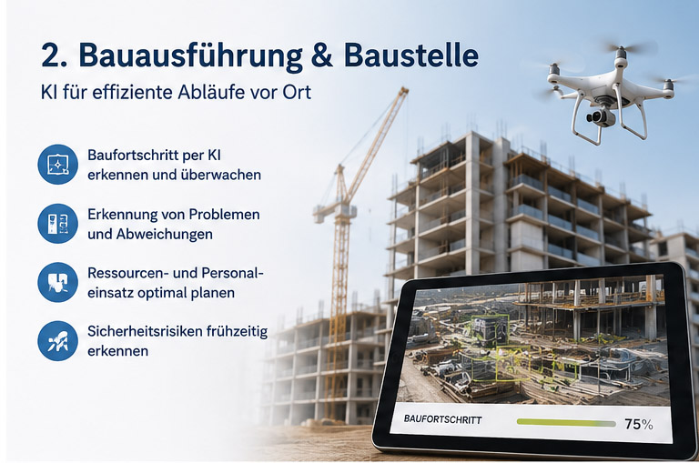KI für Handwerk & Bau Angebote & Kalkulation KI erstellt Angebote schneller Material- & Preisvorschläge Weniger Aufwand, mehr Treffer Bauplanung & Projektmanagement KI unterstützt bei Planung & Terminierung Risiken frühzeitig erkennen Projekte effizient steuern Baustellen-Dokumentation Fotos per App erfassen KI erkennt Fortschritt & Mängel Berichte automatisch erstellen Maschinen & Geräte Wartungsbedarf vorhersagen Ausfälle vermeiden Laufzeiten verlängern Einkauf & Materialmanagement Bedarf prognostizieren Bestände optimieren Lieferengpässe vermeiden Qualität & Sicherheit KI erkennt Gefahrenquellen Mängel frühzeitig identifizieren Mehr Sicherheit auf der Baustelle Kundenkommunikation Anfragen automatisch beantworten Termine koordinieren Kunden besser informieren Vorteile auf einen Blick Zeit sparen