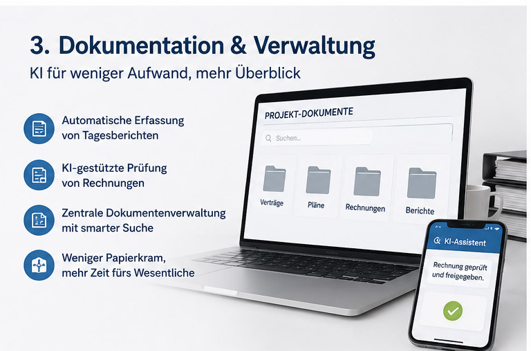 KI für Handwerk & Bau Angebote & Kalkulation KI erstellt Angebote schneller Material- & Preisvorschläge Weniger Aufwand, mehr Treffer Bauplanung & Projektmanagement KI unterstützt bei Planung & Terminierung Risiken frühzeitig erkennen Projekte effizient steuern Baustellen-Dokumentation Fotos per App erfassen KI erkennt Fortschritt & Mängel Berichte automatisch erstellen Maschinen & Geräte